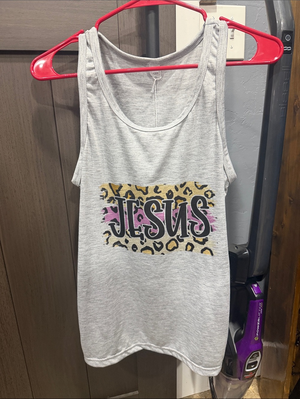 Light Gray Women's Tank Top with JESUS Leopard Graphic